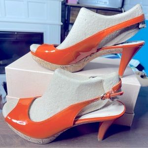 Orange Patent Peeptoe Cork Bottom Slingback Heel